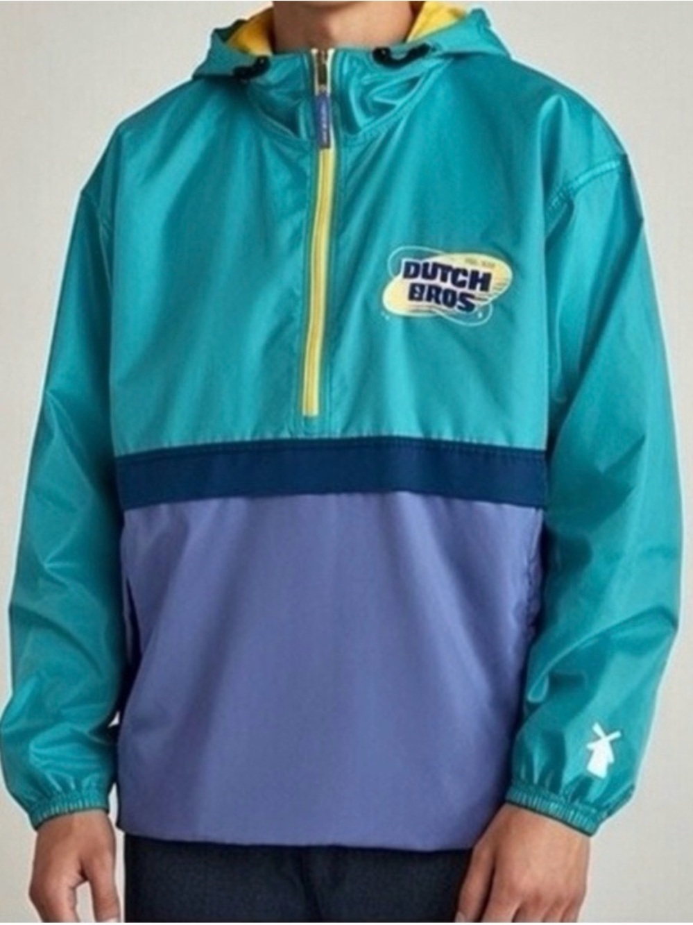 Dutch Bros unisex Teal & Lavender Windbreaker with Yellow Accents large
